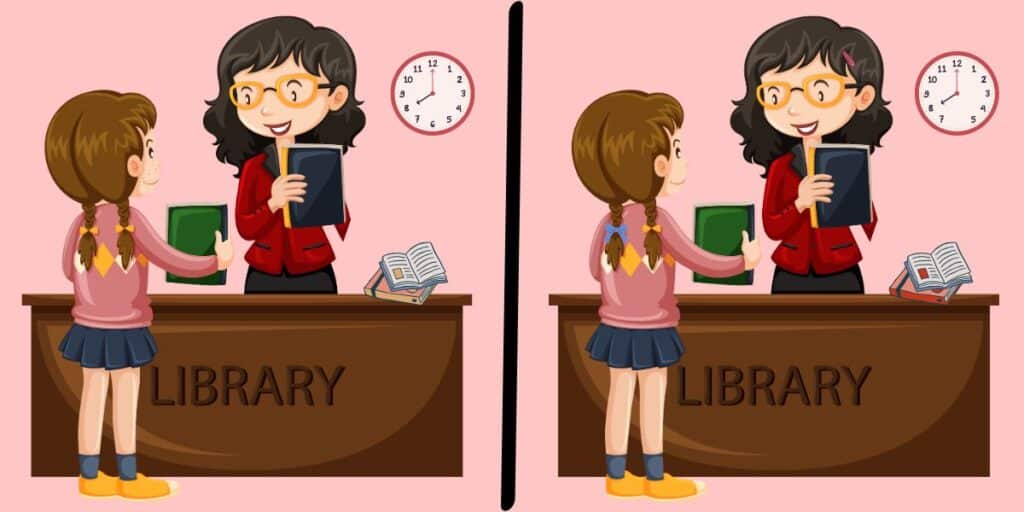 Spot the difference challenge: dive into a world of books and see if you can find 5 subtle changes in this library scene in under 11 seconds!